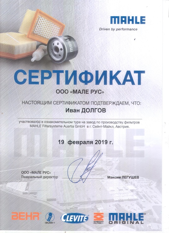 Сертификат MAHLE Иванов Долгов