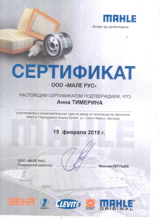 Сертификат MAHLE Анна Тимерина